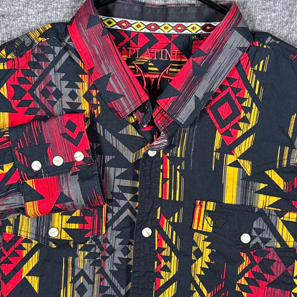 Platini Western Shirt Mens XL Black Red Aztec Geometric‎ Pearl Snap Long Sleeve